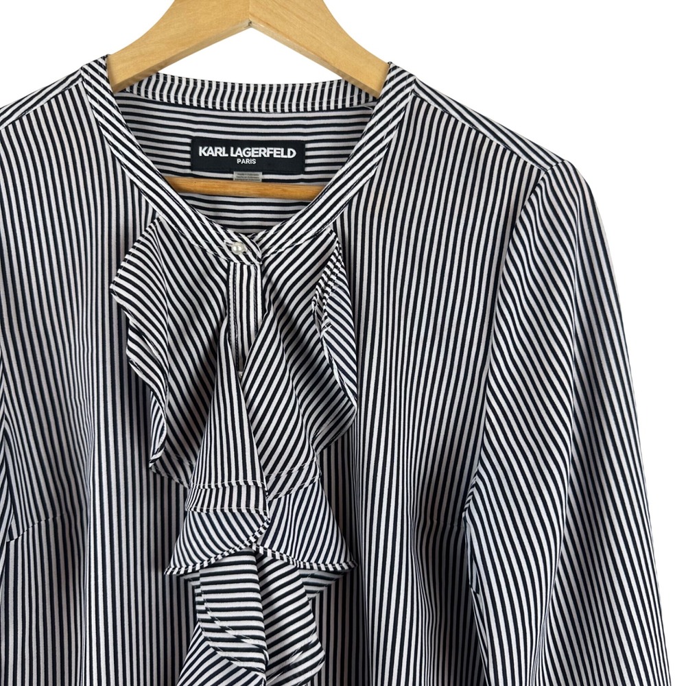 Karl Lagerfeld Paris Blouse Women Large Black White Striped Ruffle Front Career